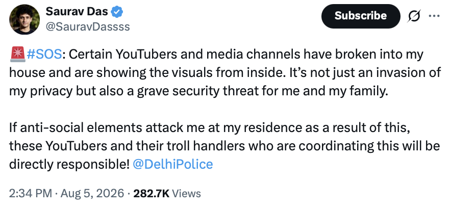 thewire_in's tweet photo. CJP’s Saurav Das Alleges YouTubers Broke into His House

"It’s not just an invasion of my privacy but also a grave security threat for me and my family," @SauravDassss posted on X. https://t.co/tmj914TTkW