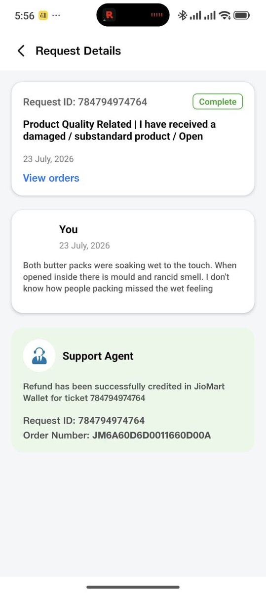srijit_s's tweet photo. What sort of a scam are you guys doing? First you send damaged  moldy Amul butter packs. You refund only one out of two. Then say complaint window is over and no further refund, while your email says everything resolved. @Amul_Coop
@JioMart_Support 
@JioMart https://t.co/psQ4V8YHIA