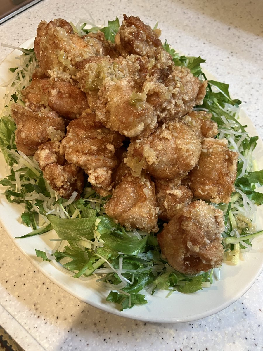 Kaeru_D_Han's tweet photo. 労働の後の唐揚げは佳きものですな。今日はネギレモンたれ。 https://t.co/R9of9JPfmq