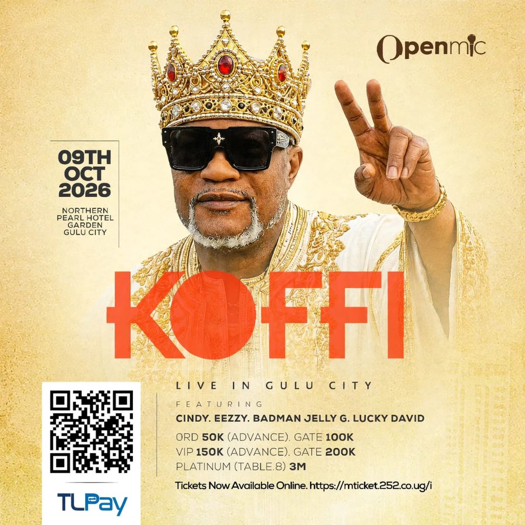 oscarmoses19's tweet photo. History is coming to Gulu
Koffi Olomide is set for his first-ever live performance in Gulu City on 9 October 2026 at Northern Pearl Hotel Garden. Secure advance  discounted tickets via https://t.co/5ZygClPf3y⁠
At Ordinary UGX 50K, VIP UGX 150K, Platinum Table (8) UGX 3M.
#TLPay https://t.co/LVRNp2UsOB