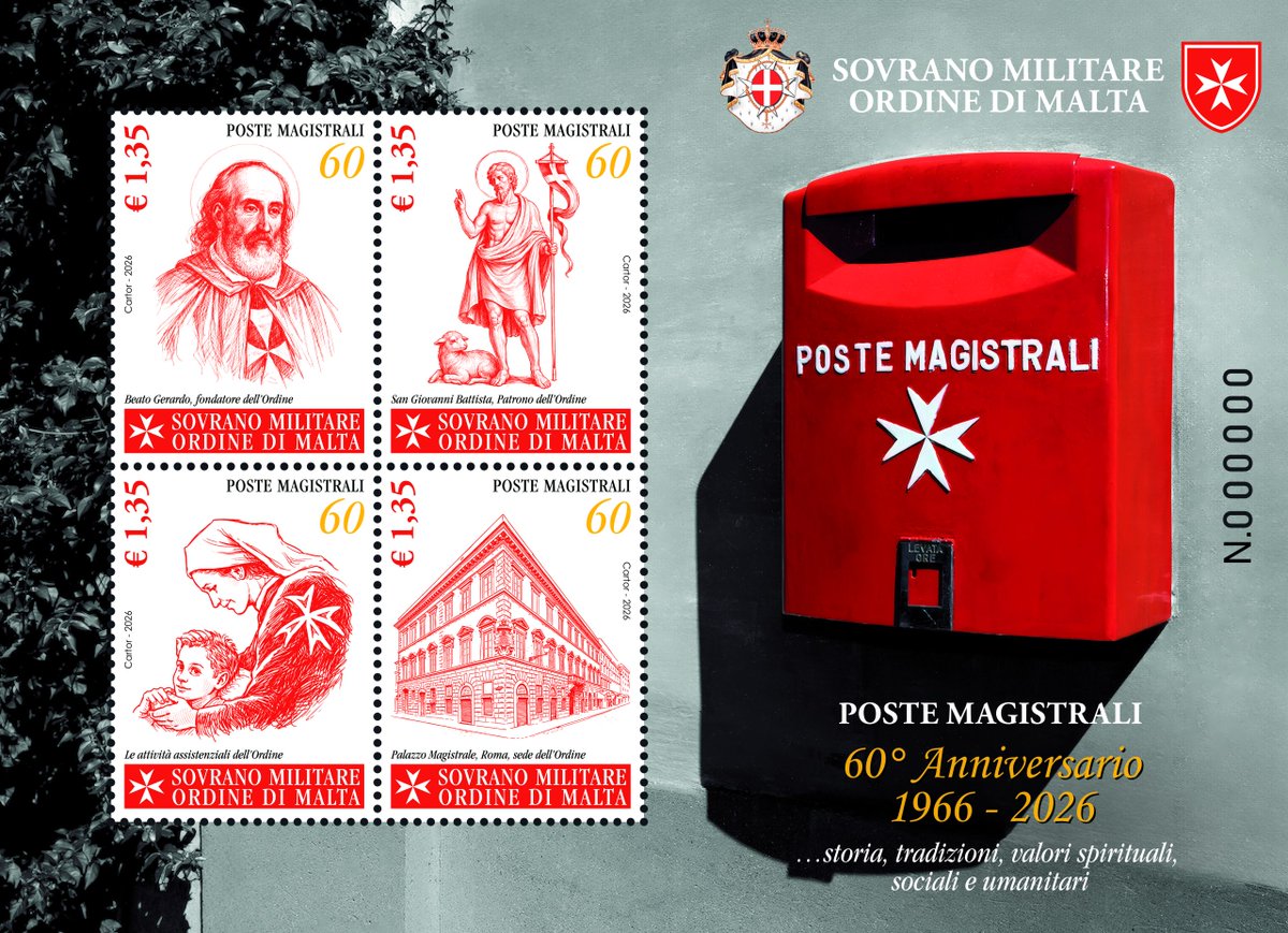 ordinedimalta's tweet photo. Quest'anno le Poste Magistrali dell'#OrdinediMalta compiono 60 anni. Istituite nel 1966, celebrano il traguardo con un foglietto speciale di 4 francobolli e un volume dedicato alla storia e alle opere dell'Ordine raccontate attraverso la filatelia. https://t.co/BzgYcOiGnr
