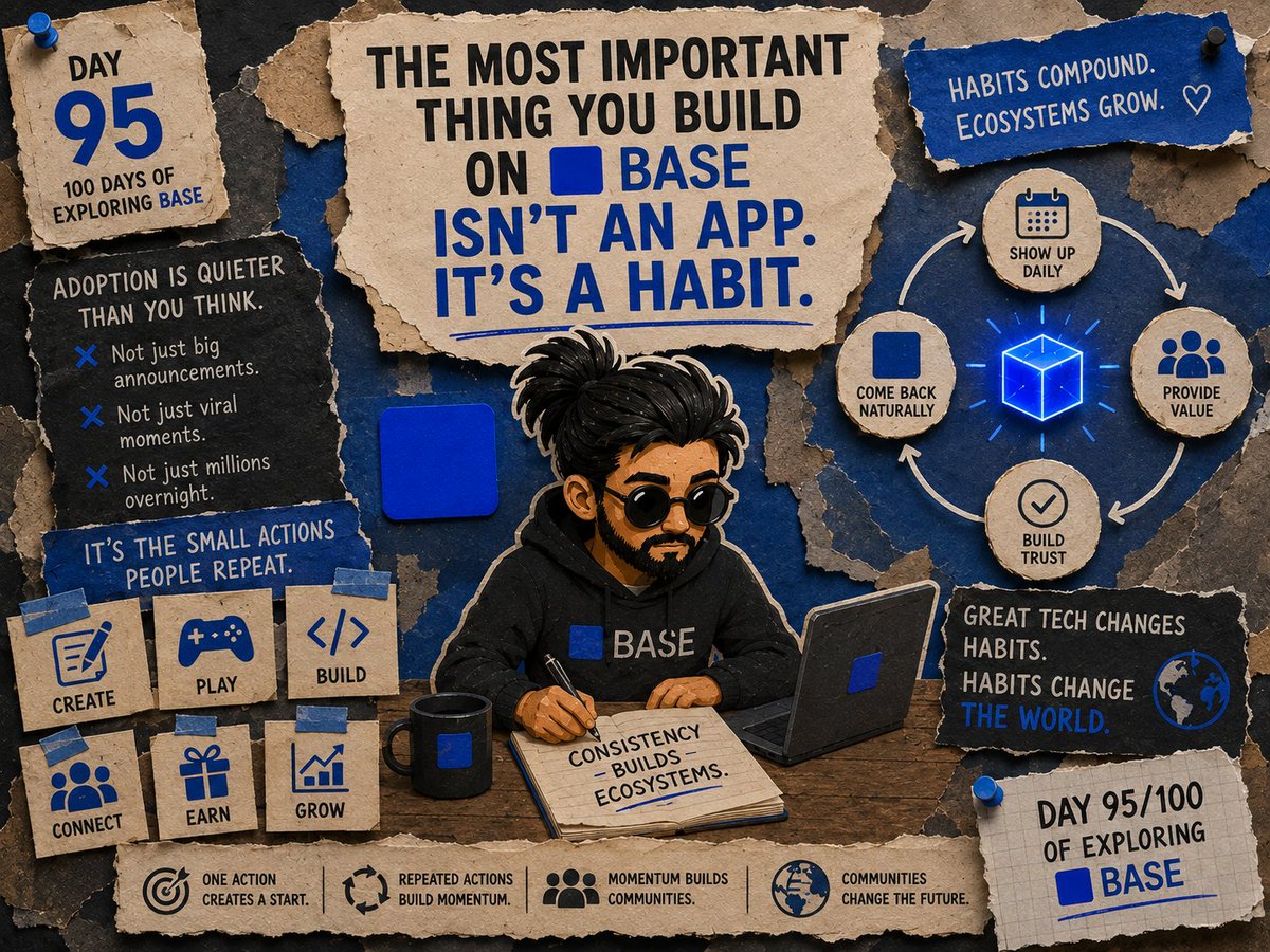 zyrex2608's tweet photo. Hallo everyone it is our Day 95 of 100 Days journey of Exploring @base and in this post we will talk about the Most Important Thing You Build on Base. Which Is not an App. It is a Habit.

I used to think adoption happened in big moments . A viral launch. A major partnership. A million users overnight.

But the longer I spend exploring Base the more I think real adoption is much quieter than that. It happens when people stop trying something and start doing it without thinking.That is a habit.

Think about how often you unlock your phone. You don't celebrate it or you don't even notice it. You just do it . The same thing is true for great technology.

It becomes part of your routine. That is why I believe the future of Base is not just about creating more onchain apps. It is about creating reasons for people to come back tomorrow.

A creator publishing every day. A gamer earning rewards every weekend. A developer shipping updates every week. A community checking in because it genuinely enjoys being there.

One action does not build an ecosystem. Repeated actions do.That id why consistency matters more than hype. 

Anyone can attract attention for a day but very few products become part of someone's daily life. The projects that win on Base will not just be the ones people try.

They will be the ones people naturally return to. Because in the end technology changes the world when it changes habits and habits are built one small action at a time.

Day 95/100 of exploring Base.