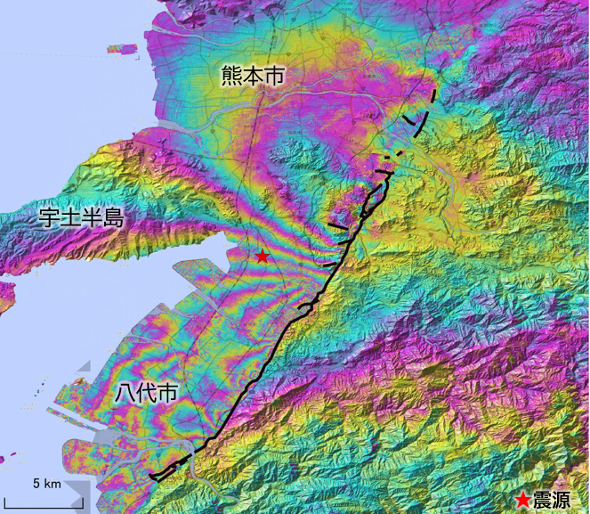 GSI_Research's tweet photo. だいち2号及びだいち4号の合成開口レーダー（SAR）データを用いて得られた令和8年熊本地震に伴う地殻変動データから、地表変位が不連続になる境界（変位境界）を判読しました。
https://t.co/WgPm9DTg50 https://t.co/RpPVM6rls4