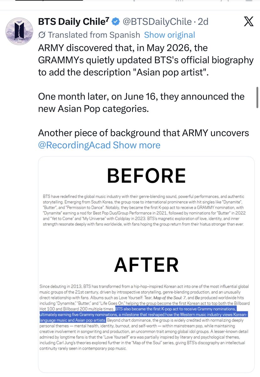 jinsrightbutt's tweet photo. @OneilyMusic Grammys change the bio, announce month later. Singles out BTS in statement, removes their videos, then gen says they expire. Seems they also dubbed themselves in for using expired content on their web https://t.co/UosMHInfKp