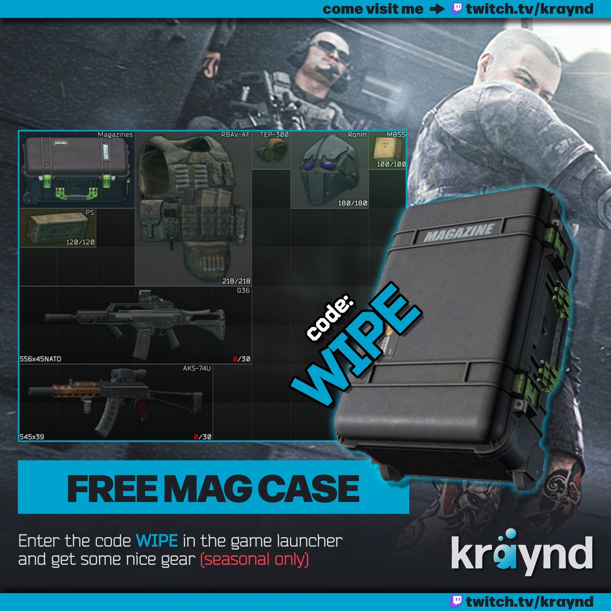 tarkovtips's tweet photo. The Mag Case is bigger now, and the best part: you can get one for free using the code WIPE

Note: for seasonal characters only! https://t.co/dx9VWkLZnI