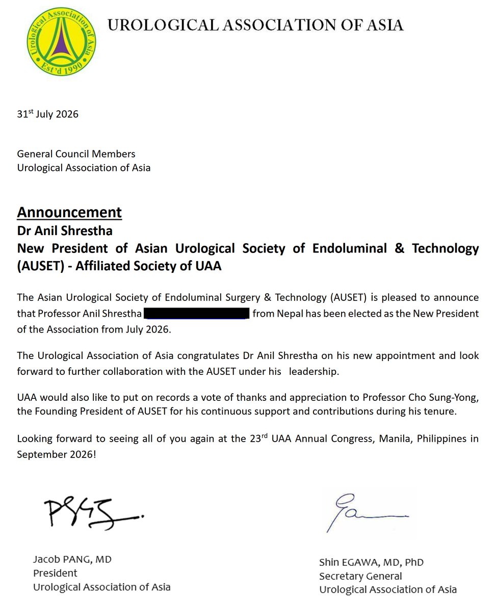 asiaendouro's tweet photo. Congratulations! @Shresthanyl
#AUSET #Asia #Endourology #NewPresident https://t.co/t94CCZzXS3