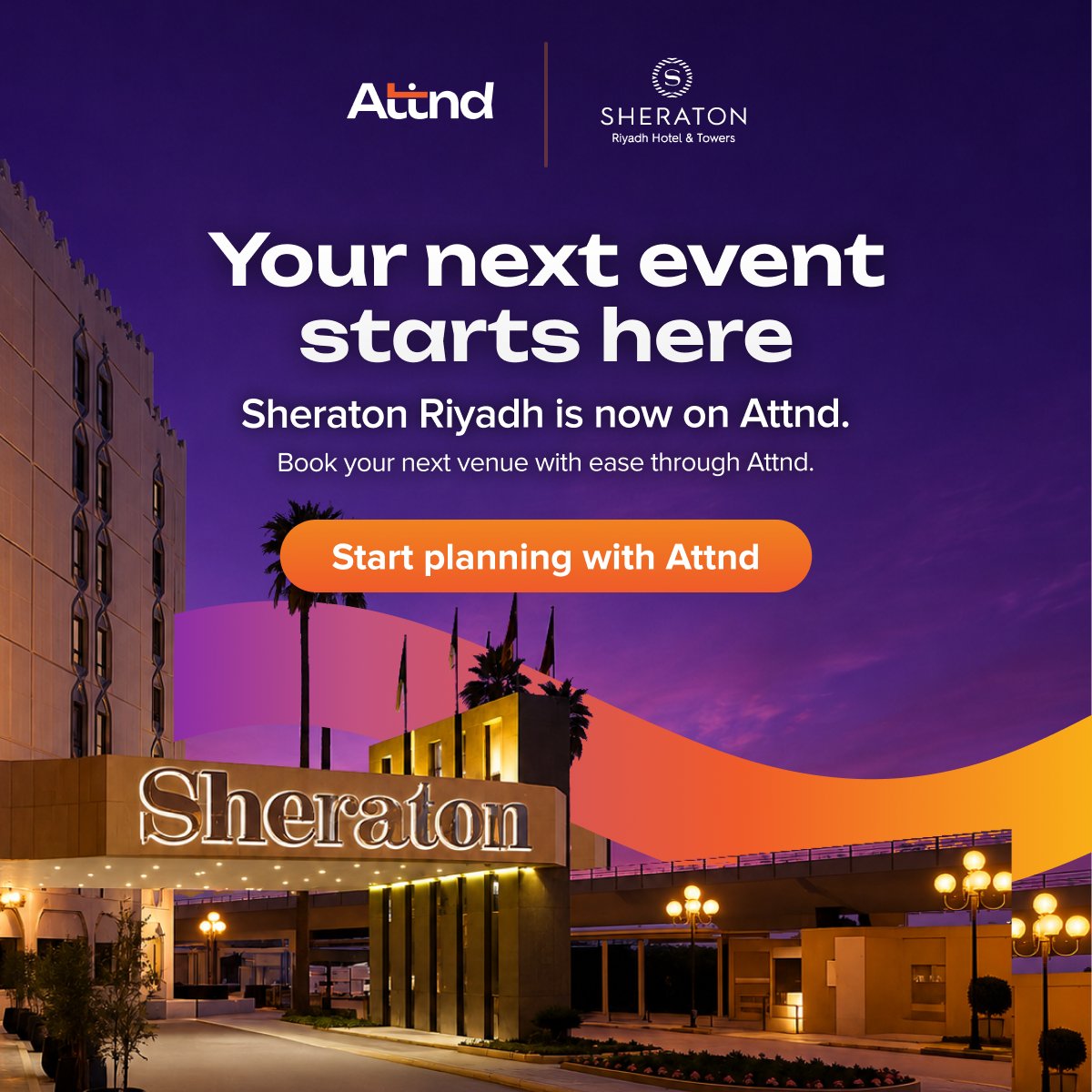 Attndsa's tweet photo. Welcome, @SheratonRiyadh , to attnd.

Premium hospitality. Exceptional service. A trusted venue for meetings and business events.

Start planning your next event on attnd.

#attnd #SheratonRiyadh #EventPlanning https://t.co/kI8PXpscMO