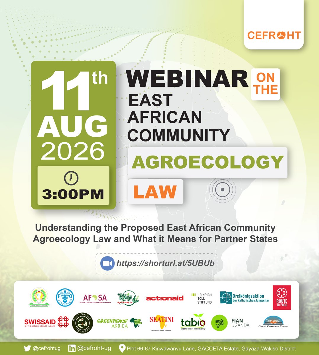 CefrohtUg's tweet photo. A regional Bill built on an existing @jumuiya  Treaty commitment, designed to protect agroecological farmers and traditional seed systems, using the institutions already in place. Come understand what it means for your country.

🗓️11th August 2026  
🕰️3:00PM EAT
Register through this link: https://t.co/7hD0QqiTSM
#AgroecologyLaw