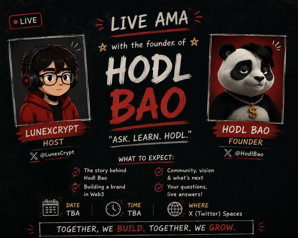 HodlBaoCoin's tweet photo. Dont forget $HBAO will Launching August 6th, 2026

Tomorrow ​the gates open, and the journey begins. 

Join us for our upcoming Live AMA featuring the founder of Hodl Bao and hosted by @LunexCrypt!

- ​Host: @LunexCrypt
- ​Guest: @HodlBao (Founder)
- ​Where: X Spaces
- ​Date & Time: 1 Hour After Launch

​What We’ll Discuss:

- ​The real story behind Hodl Bao
- ​Building a powerful brand in Web3
- ​Community vision and upcoming milestones

​Live Q&A... bring your best questions!
​Together, we build. Together, we grow.

​Drop your questions below and turn on notifications so you don't miss it! 🔔💬