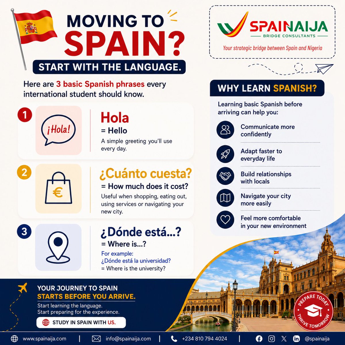 SpaiNaija's tweet photo. Moving to Spain 🇪🇸? Start with the language.
Before you arrive, learn basic phrases.
A few words can make everyday life, communication and settling into a new environment much easier.
Your journey to Spain starts before you arrive. 🇪🇸✈️
#StudyInSpain #LearnSpanish #SpaiNaija https://t.co/6P4AXHY5dW