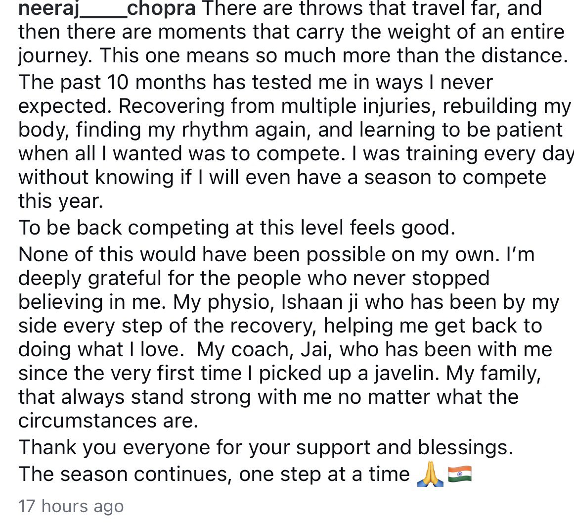 TheKhelIndia's tweet photo. Neeraj Chopra’s Instagram post after winning Silver at the CWG 2026! 🥈

“The past 10 months has tested me in ways I never expected. Recovering from multiple injuries, rebuilding my body, finding my rhythm again, and learning to be patient when all I wanted was to compete. “

“I was training every day without knowing if I will even have a season to compete this year. To be back competing at this level feels good.”