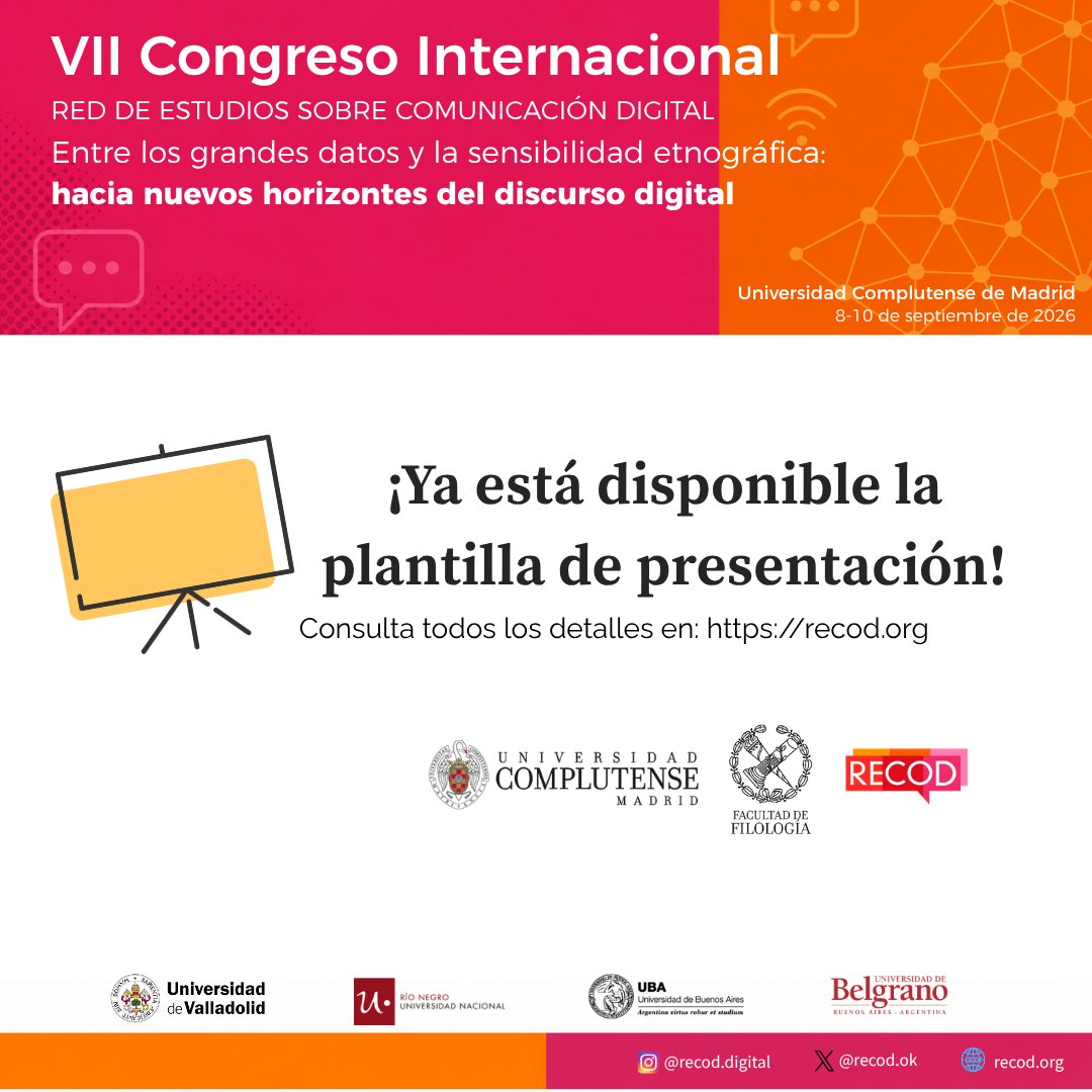 RECoD_ok's tweet photo. 📢 ¡Ya está disponible la plantilla de presentación!
Puedes consultarla en la página web de la red. https://t.co/xq3yix4Vjb
Próximamente conoceremos un poco más a los/as participantes de esta edición. https://t.co/uv8r21rQeZ
#DiscursoDigital #RECoD #JComDig #REDD https://t.co/eGYaWoRIlE