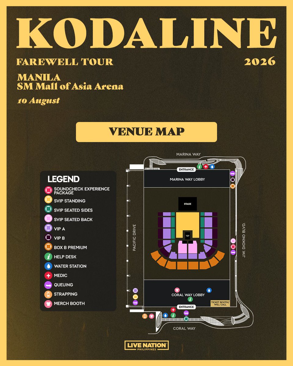 livenationph's tweet photo. Are you ready for Kodaline's Farewell Tour in Manila? 🥹

Here's the event schedule and venue map to help you plan your concert day.

Soundcheck Experience Package and SVIP Standing ticketholders, you can get your queuing number here: https://t.co/2qBtc6VVqM

#KodalineFarewellTourPH #KodalineInManila