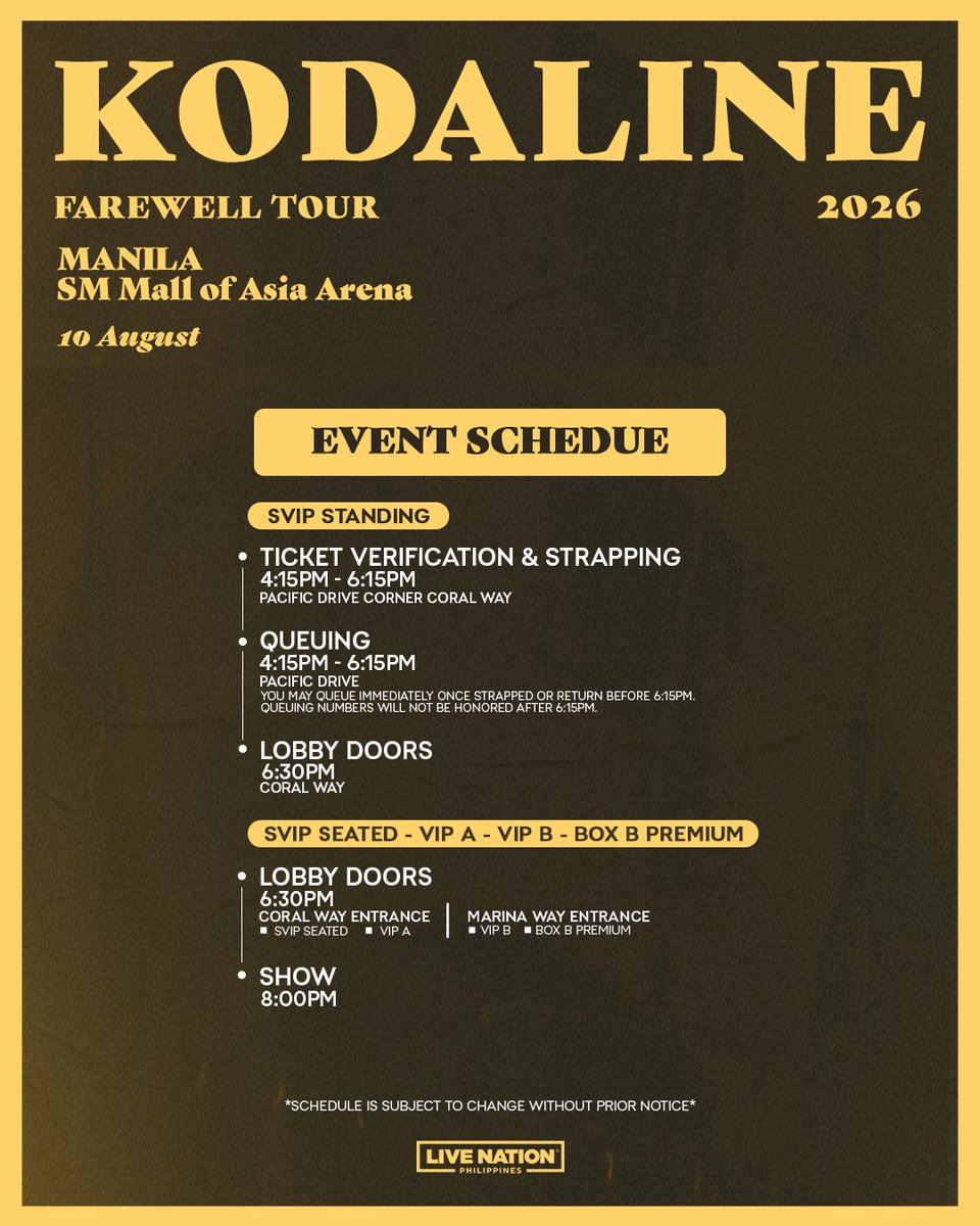 livenationph's tweet photo. Are you ready for Kodaline's Farewell Tour in Manila? 🥹

Here's the event schedule and venue map to help you plan your concert day.

Soundcheck Experience Package and SVIP Standing ticketholders, you can get your queuing number here: https://t.co/2qBtc6VVqM

#KodalineFarewellTourPH #KodalineInManila
