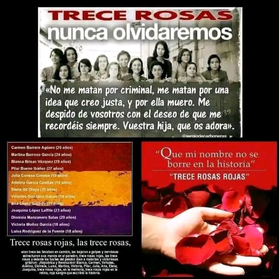 CulturaCcoo's tweet photo. ✔️DIERON SU VIDA POR LA LIBERTAD!  

🌹BLANCA
🌹CARMEN
🌹JULIA
🌹ELENA
🌹ANA
🌹MARTINA
🌹DIONISIA
🌹PILAR
🌹ADELINA
🌹VIRTUDES
🌹JOAQUINA
🌹VICTORIA
🌹LUISA

#13Rosas 

🔉Que su nombre 
no lo borre la historia

👉 #NOALOLVIDO
 #MemoriaDemocrática  #TalDiaComoHoy https://t.co/hy9pRHjiZZ