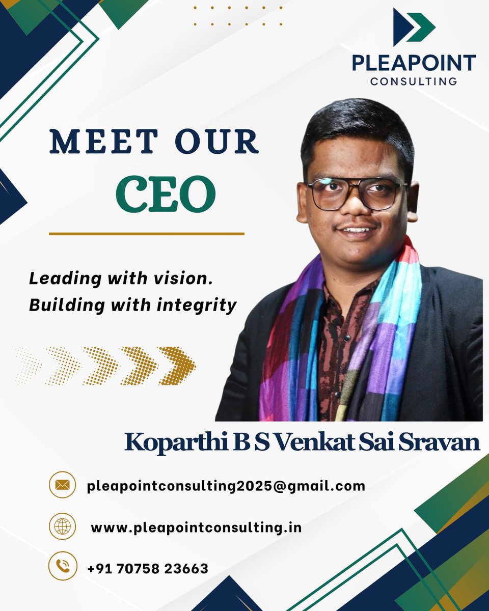PLEAPOINT2025's tweet photo. Meet Our CEO – Koparthi B S Venkat Sai Sravan

Leading with vision. Building with integrity.

📞 +91 70758 23663
📧 pleapointconsulting2025@gmail.com
🌐 https://t.co/09Xoy9B1to

#PleaPointConsulting #MeetOurCEO #Leadership #BusinessLeadership #LegalConsulting #CorporateLaw https://t.co/UBtCXfON8P