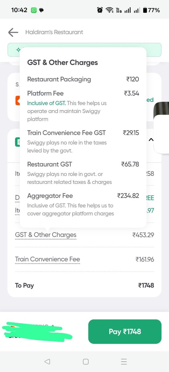 harpreetk9's tweet photo. ₹490 EXTRA on a ₹1,258 food order!
Final bill: ₹1,748. Packaging, Aggregator Fee, GST &amp; Train Convenience Fee together add almost 40% to the cost. Why should train passengers pay this much? @RailMinIndia @AshwiniVaishnaw @IRCTCofficial @Swiggy #IndianRailways @zomato https://t.co/00Y7vU8pNd