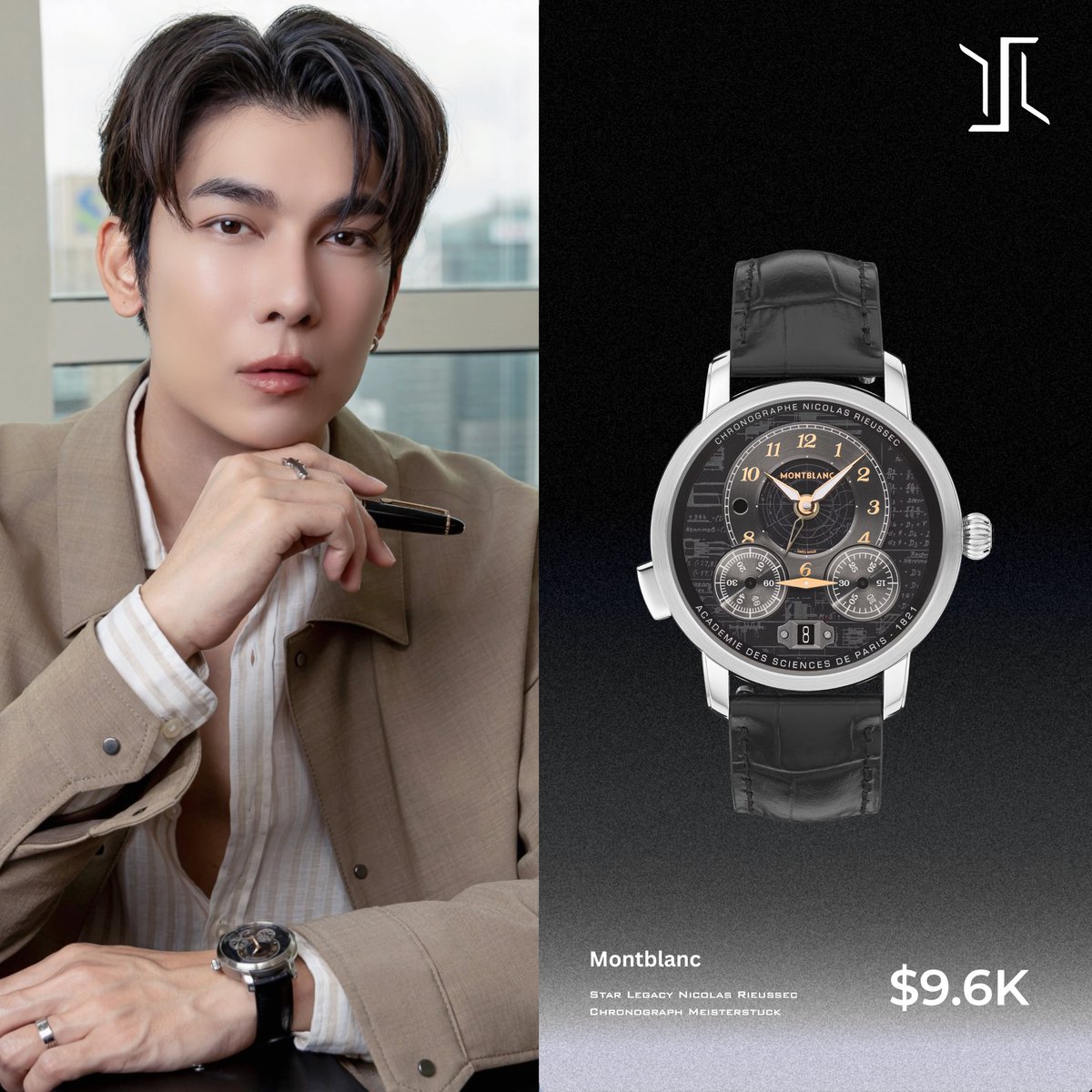 LuxuryShots1's tweet photo. Thai actor Mew Suppasit was spotted wearing the Montblanc Star Legacy Nicolas Rieussec Chronograph Meisterstück 100 Years Limited Edition. Limited to 500 pieces, it features the in-house MB R200 monopusher chronograph movement.

Retail Price: $9,600.

#MewSuppasit #Montblanc https://t.co/vCpzSyiEkU