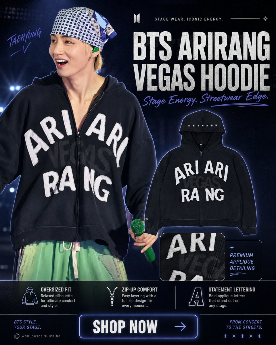 wonderjackets's tweet photo. Level up your streetwear with the BTS Arirang Vegas Hoodie. Inspired by K-pop fashion and built for everyday comfort, it's the perfect hoodie for every fan. 🖤🔥

#BTS #BTSHoodie #KpopFashion #Streetwear https://t.co/9JEGuJ7tRN
