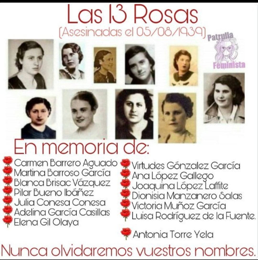 pepecampostruji's tweet photo. ✔️DIERON SU VIDA POR LA LIBERTAD!  

🌹BLANCA
🌹CARMEN
🌹JULIA
🌹ELENA
🌹ANA
🌹MARTINA
🌹DIONISIA
🌹PILAR
🌹ADELINA
🌹VIRTUDES
🌹JOAQUINA
🌹VICTORIA
🌹LUISA

#13Rosas 

🔉Que su nombre 
no lo borre la historia

👉 #NOALOLVIDO
 #MemoriaDemocrática  #TalDiaComoHoy https://t.co/e8urGD8d6m