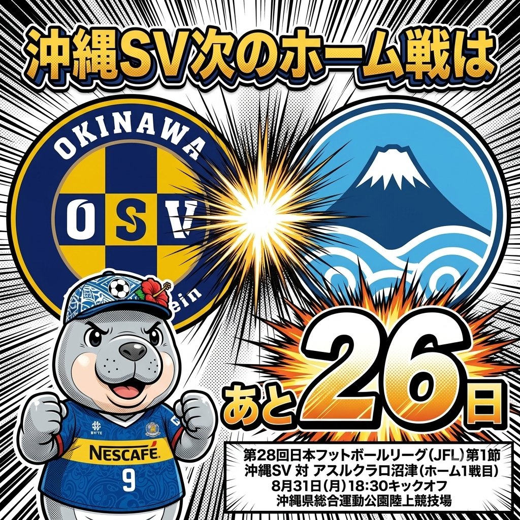 ScwTaku's tweet photo. 沖縄SVの次のホーム戦は
第28回JFL第1節
沖縄SV対アスルクラロ沼津戦
まで26日

#アスルクラロ沼津
（@azulclaro1990）
#沖縄sv　(@OSV_official)
胸スポンサー
#ネスカフェ　(@nescafe_jp）
サプライヤー
#XF
#JFL （@jflnews） https://t.co/p71HU6nV8E