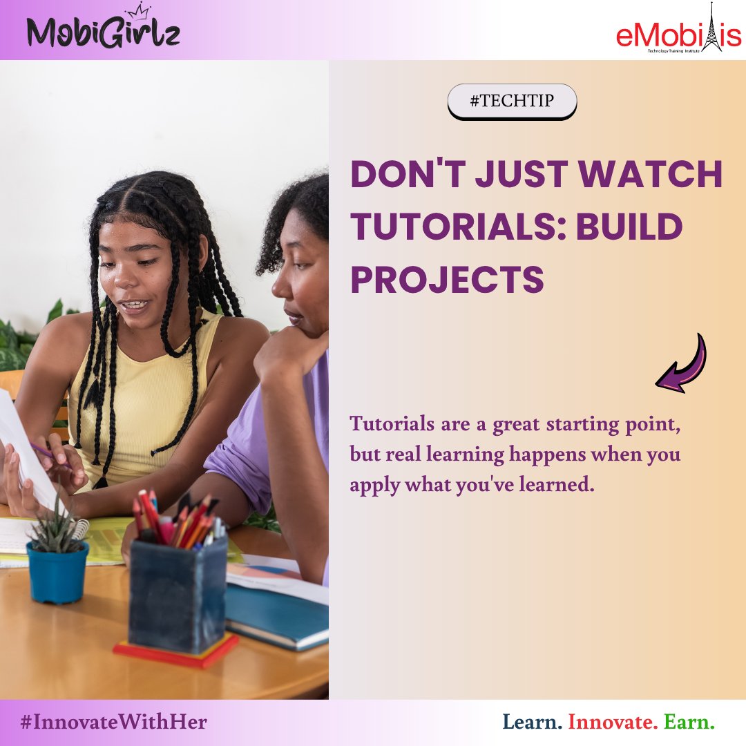 MobbiGirlz's tweet photo. Tech Tip Wednesday
Tutorials teach.
Projects transform.
Don't just watch, build.
The more projects you complete, the more confident you'll become as a developer.
#MobiGirlzย #TechTipTuesday #Coding #BuildInPublic https://t.co/1YZJXc6Crs