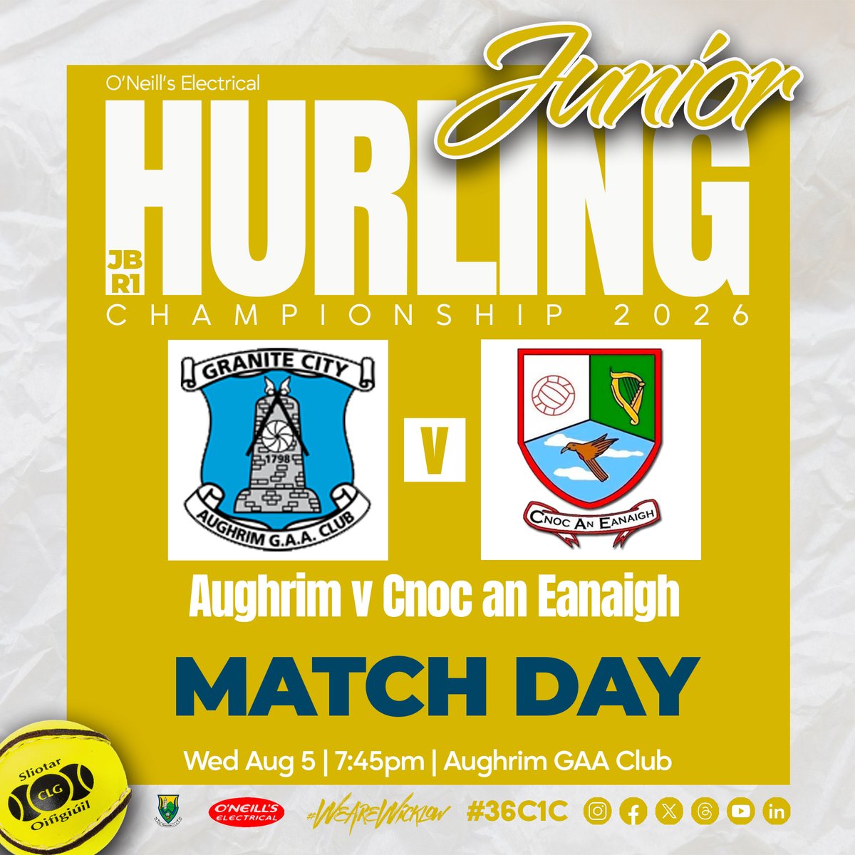 wicklowgaa's tweet photo. MATCHDAY | O'Neill's Electrical Junior Hurling Championship Round 1  

Action gets underway across the county this evening as the Junior A & B championships throws in! Best of luck to all players, management, and officials.

📍 19:45 | Aughrim v Cnoc an Eanaigh (Aughrim)
📍 19:45 | Naomh Teagáin v Emmet Carn An Bhua (Kiltegan)
📍 20:00 | Éire Óg Greystones v Bray Emmets (Greystones)
📍 20:00 | Kilcoole v Arklow Rock Parnells (Kilcoole)

🎟️ Get out and support your local club tonight!

#WicklowGAA #ClubChampionship #ONeillsElectrical #officialwicklowgaa #wearewicklow #36C1C