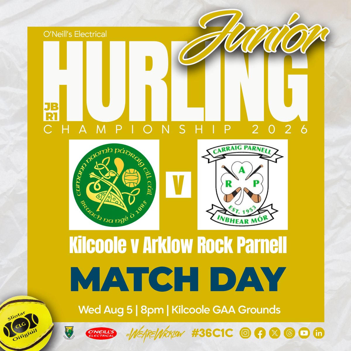 wicklowgaa's tweet photo. MATCHDAY | O'Neill's Electrical Junior Hurling Championship Round 1  

Action gets underway across the county this evening as the Junior A & B championships throws in! Best of luck to all players, management, and officials.

📍 19:45 | Aughrim v Cnoc an Eanaigh (Aughrim)
📍 19:45 | Naomh Teagáin v Emmet Carn An Bhua (Kiltegan)
📍 20:00 | Éire Óg Greystones v Bray Emmets (Greystones)
📍 20:00 | Kilcoole v Arklow Rock Parnells (Kilcoole)

🎟️ Get out and support your local club tonight!

#WicklowGAA #ClubChampionship #ONeillsElectrical #officialwicklowgaa #wearewicklow #36C1C