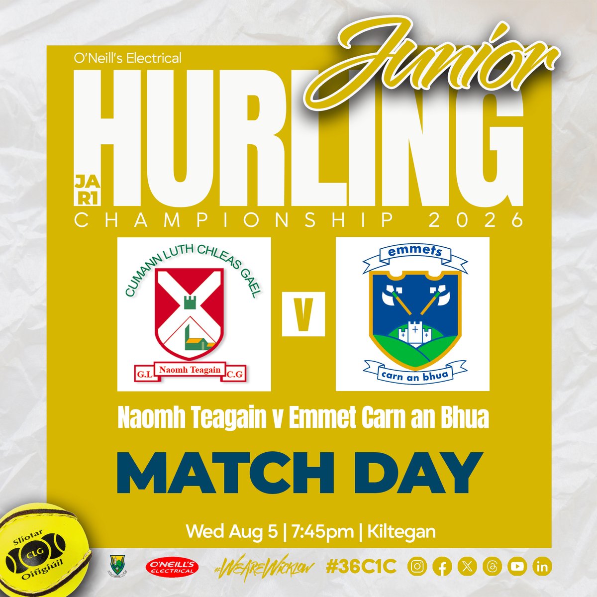 wicklowgaa's tweet photo. MATCHDAY | O'Neill's Electrical Junior Hurling Championship Round 1  

Action gets underway across the county this evening as the Junior A & B championships throws in! Best of luck to all players, management, and officials.

📍 19:45 | Aughrim v Cnoc an Eanaigh (Aughrim)
📍 19:45 | Naomh Teagáin v Emmet Carn An Bhua (Kiltegan)
📍 20:00 | Éire Óg Greystones v Bray Emmets (Greystones)
📍 20:00 | Kilcoole v Arklow Rock Parnells (Kilcoole)

🎟️ Get out and support your local club tonight!

#WicklowGAA #ClubChampionship #ONeillsElectrical #officialwicklowgaa #wearewicklow #36C1C