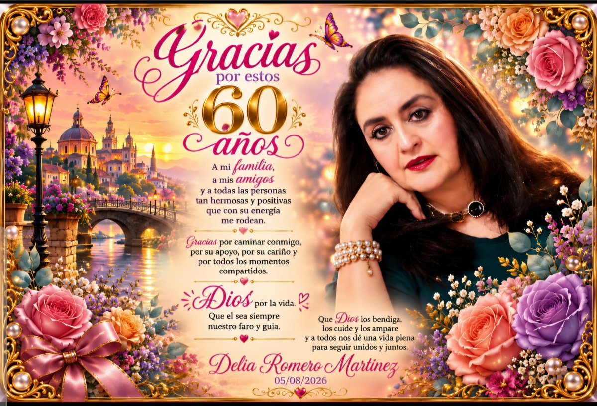 DELIAGTO's tweet photo. ✨ Gracias, Dios, por estos 60 años de vida ✨

Hoy solo quiero decir: gracias por cada día, por mi familia, por las personas que han estado conmigo y por todo lo vivido.

60 años de aprendizajes, amor y fe. 
Que Dios siga guiando mi camino 💜🌸

5 de agosto de 2026
#Cumpleaños https://t.co/idce97bHqC