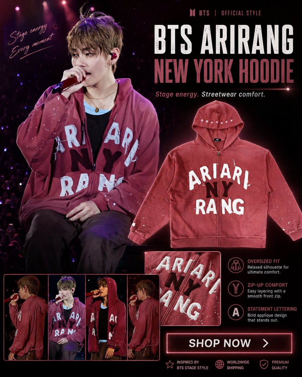 wonderjackets's tweet photo. Take your streetwear to the next level with the BTS ARIRANG New York Hoodie. Inspired by modern K-pop fashion, it's the perfect blend of comfort and everyday style. 🖤

#BTS #BTSHoodie #KpopFashion #Streetwear https://t.co/CumLzCOvMQ