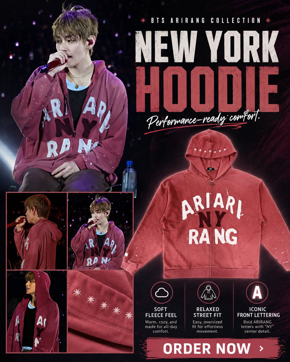 wonderjackets's tweet photo. Take your streetwear to the next level with the BTS ARIRANG New York Hoodie. Inspired by modern K-pop fashion, it's the perfect blend of comfort and everyday style. 🖤

#BTS #BTSHoodie #KpopFashion #Streetwear https://t.co/CumLzCOvMQ