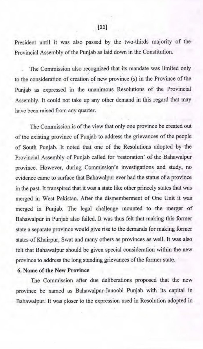 KasimGillani's tweet photo. Case for a New Province

The Commission found that nearly everyone who appeared before it highlighted a consistent pattern of deprivation in South Punjab, particularly regarding:

Allocation of government resources
Federal and provincial employment quotas
Educational institutions
Development projects

Civil Service Representation

The report highlighted severe underrepresentation of South Punjab in the federal bureaucracy.

South Punjab (Multan, Bahawalpur and D.G. Khan Divisions) comprises roughly 30% of Punjab’s population.
Accordingly, it should receive approximately 30% of Punjab’s share in federal civil service positions.
Instead, it held only 12–15% of federal civil service jobs.

Examples cited:

Lahore Division: 338 officers
Gujranwala Division: 149 officers
Rawalpindi Division: 146 officers

Compared to:

Multan + Bahawalpur + D.G. Khan combined: only 157 officers

The report also blamed the expiry of Punjab’s constitutional zoning formula (Article 27) for worsening regional imbalance.