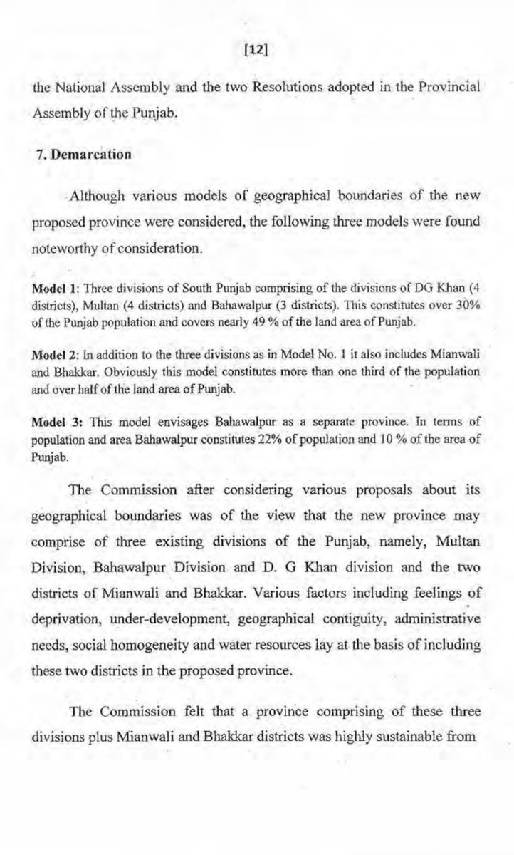 KasimGillani's tweet photo. Case for a New Province

The Commission found that nearly everyone who appeared before it highlighted a consistent pattern of deprivation in South Punjab, particularly regarding:

Allocation of government resources
Federal and provincial employment quotas
Educational institutions
Development projects

Civil Service Representation

The report highlighted severe underrepresentation of South Punjab in the federal bureaucracy.

South Punjab (Multan, Bahawalpur and D.G. Khan Divisions) comprises roughly 30% of Punjab’s population.
Accordingly, it should receive approximately 30% of Punjab’s share in federal civil service positions.
Instead, it held only 12–15% of federal civil service jobs.

Examples cited:

Lahore Division: 338 officers
Gujranwala Division: 149 officers
Rawalpindi Division: 146 officers

Compared to:

Multan + Bahawalpur + D.G. Khan combined: only 157 officers

The report also blamed the expiry of Punjab’s constitutional zoning formula (Article 27) for worsening regional imbalance.