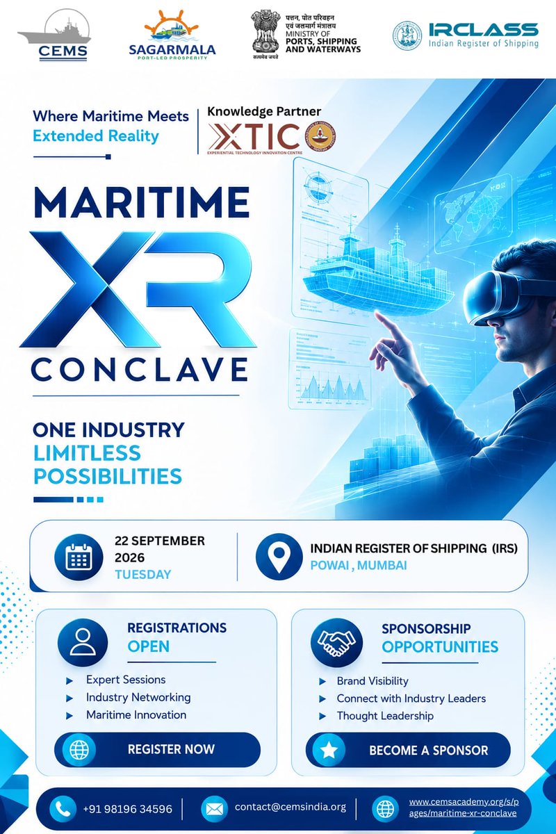 cems_in's tweet photo. π’ Explore the future of maritime with XR, VR, AR & MR at Maritime XR Conclave 2026.
π
22 Sept 2026
π IRS, Powai, Mumbai
Register: https://t.co/KkZDhvZrrZ
#MaritimeXRConclave #XR #MaritimeInnovation #DigitalTwin #SmartShipping #CEMS https://t.co/Pi25lWpJKx