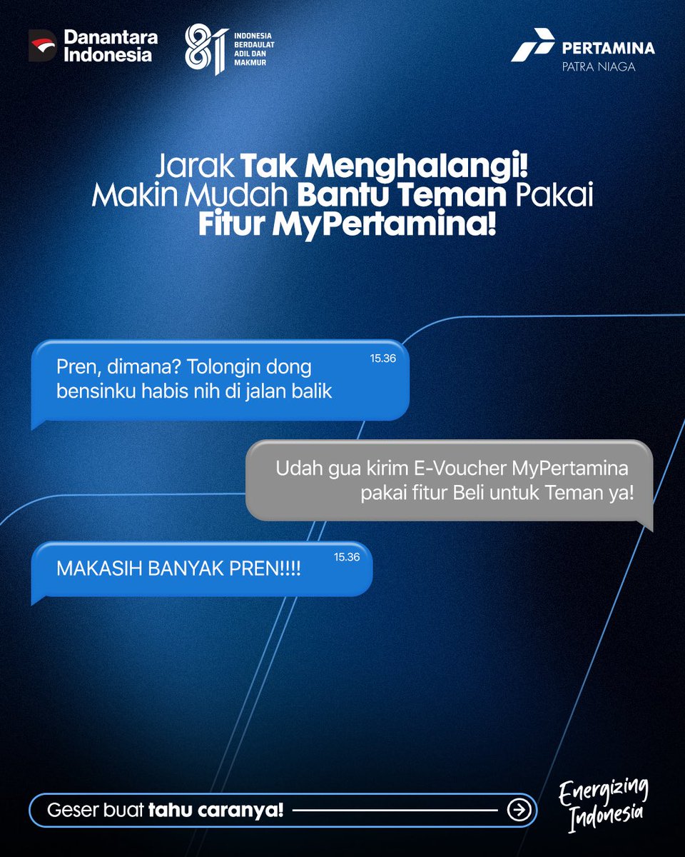 MyPertaminaID's tweet photo. Sekarang nggak perlu bingung. Lewat fitur Beli untuk Teman di MyPertamina, kamu bisa kirim E-Voucher BBM langsung ke akun MyPertamina mereka.
Praktis, cepat, dan jarak bukan lagi penghalang buat saling bantu. π
Geser untuk lihat caranya!β¨β¨#MyPertamina #MelayaniSepenuhHati #EnergizingIndonesia
