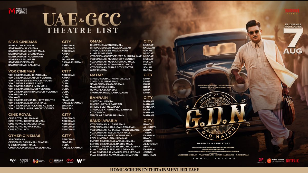 homescreenent's tweet photo. The legend of innovation comes alive on the big screen! ✨
#GDN UAE & GCC theatre list is now available.
Check it here.🫵🏻
@ActorMadhavan #VargheseMoolan #GovindVasantha @agscinemas @vijaymoolan @NetflixIndia @APIfilms @divomusicindia @WarnerMusicIN @DharmaMovies @SpiritMediaIN @homescreenent @SureshChandraa @AbdulNassaroffl @DoneChannel1 @ihorsesc
#GDNMovie #GDNTamilMovie #EdisonOfIndia #InCinemasAugust7