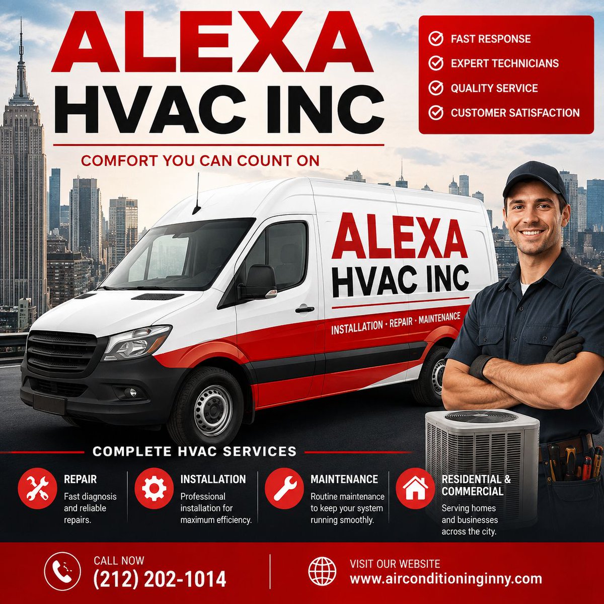 AlexaHvac's tweet photo. Your comfort deserves the best. Alexa HVAC Inc delivers fast, reliable repairs, expert installations, and year-round comfort—because every season is easier when the professionals handle your HVAC. 
📞 Call: (212) 202-1014
🌐https://t.co/DI0qhIl4iS

#HVACRepair #NewYorkHVAC https://t.co/6dF3ZXA5jF