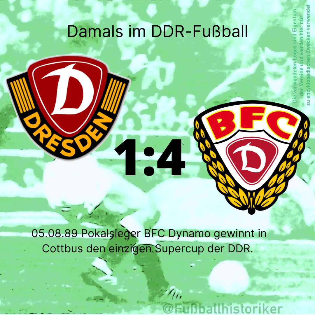 FussballDdr's tweet photo. 📌 05.08.89

@BFCDynamo gewinnt den ersten DDR-Supercup.

In Cottbus setzt sich der Pokalsieger mit 4:1 gegen Meister @DynamoDresden durch.
B. Schulz, Doll (2) und Ernst treffen für den BFC, Sammer erzielt das Tor für #sgd1953.

1990 wird der Supercup nicht mehr ausgespielt.
Damit bleibt #BFC der einzige Sieger des Wettbewerbs.

#DDRFußballkalender #DDR #Oberliga #Fußballgeschichte #BFCDynamo #DynamoDresden #Supercup