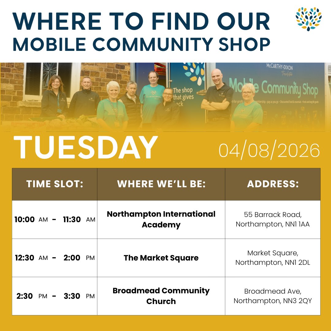 TMDFoundation's tweet photo. 🛒 Out today!

📍 Duston Community Centre (10–11:30am)
📍 Bellinge Community House (12–2pm)
📍 Kingsthorpe Jets YFC (2:30–3:30pm)

💛 Last Mobile Community Shop until September!

#TMDF #McCarthyDixon https://t.co/2DGfZzA9Rv
