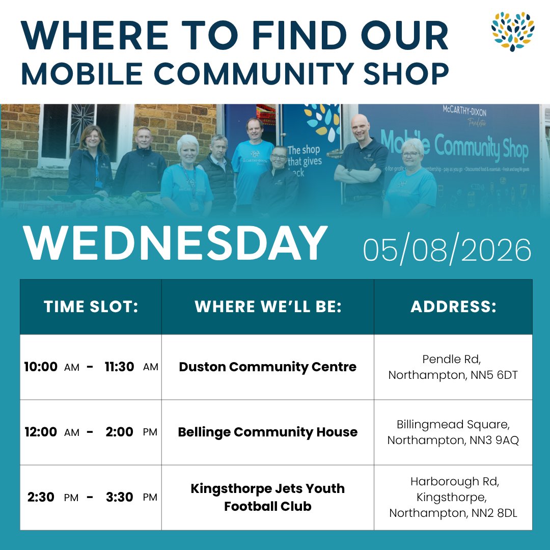 TMDFoundation's tweet photo. 🛒 Out today!

📍 Duston Community Centre (10–11:30am)
📍 Bellinge Community House (12–2pm)
📍 Kingsthorpe Jets YFC (2:30–3:30pm)

💛 Last Mobile Community Shop until September!

#TMDF #McCarthyDixon https://t.co/2DGfZzA9Rv