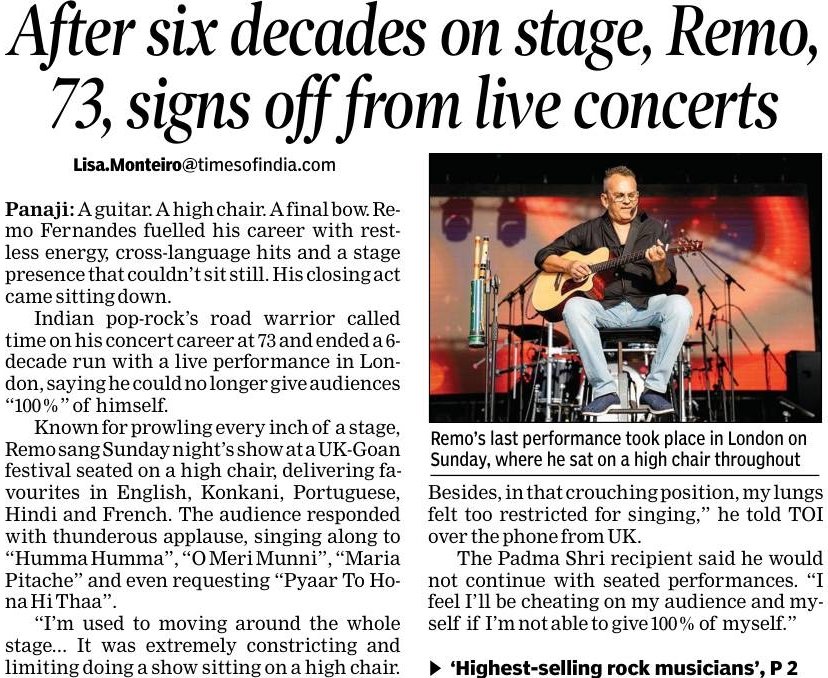 RajeshMenon70's tweet photo. On Sunday night, when India's rock-pop icon Remo Fernandes took the stage in London, it was for his last stage performance. Remo who fuelled his career with restless energy, cross-language hits and stage presence that couldn't still, had his closing act, sitting on a high chair with guitar in hand. The 73-year-old brought curtains down on his 6-decade career saying he could not give his audiences "100%" of himself. Take a bow Remo