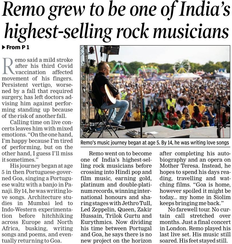 RajeshMenon70's tweet photo. On Sunday night, when India's rock-pop icon Remo Fernandes took the stage in London, it was for his last stage performance. Remo who fuelled his career with restless energy, cross-language hits and stage presence that couldn't still, had his closing act, sitting on a high chair with guitar in hand. The 73-year-old brought curtains down on his 6-decade career saying he could not give his audiences "100%" of himself. Take a bow Remo
