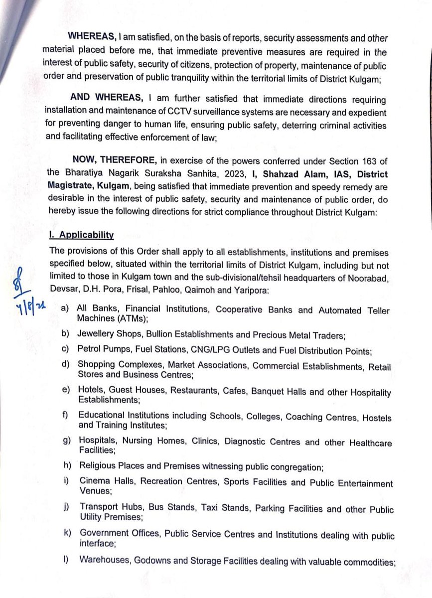 DioKulgam's tweet photo. Mandatory installation,operation and maintenance of CCTV surveillance systems in
Public,Commercial,Financial and Institutional establishments within District Kulgam.
Order issued by DM Kulgam 👇 for implementation 
@OfficeOfLGJandK @diprjk @Shahzad_2702 @dckulgam @ddnewsSrinagar https://t.co/M27gvZIthL