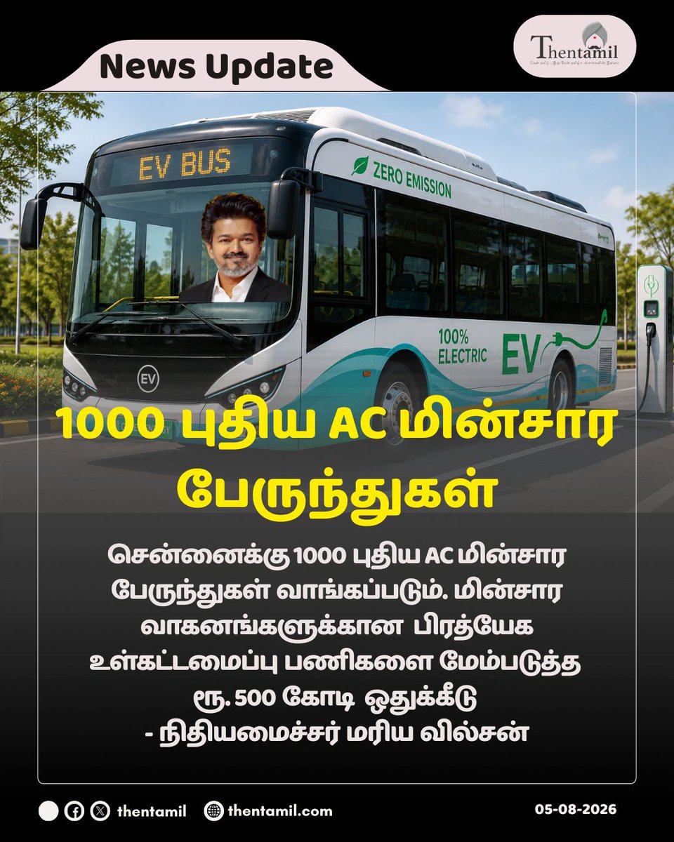 ThentamilOff's tweet photo. 1000 புதிய AC மின்சார பேருந்துகள்!
#CMVijay #TNBudget2026 #ChennaiBus #ElectricBus #EV #TVKGovt #TVK #Thentamil
https://t.co/OIlafLL63A https://t.co/rQasOWPs8I