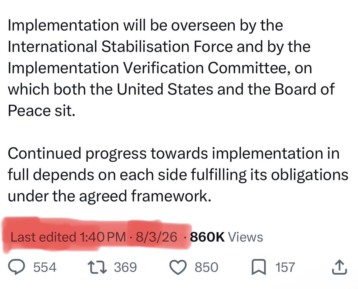DropSiteNews's tweet photo. ⭕️ New: The Board of Peace has quietly edited a key line in the statement it issued after meeting Israeli Prime Minister Benjamin Netanyahu.

The original version said Israel’s “full withdrawal” beyond Gaza’s Yellow Line would take place after Hamas completed the decommissioning of light and heavy weapons and tunnels.

The revised version removes the word “full,” now stating only that “the withdrawal” would follow decommissioning.

The deletion is significant. It strips out an explicit commitment to a complete Israeli withdrawal and leaves open the possibility that Israeli forces could retain positions inside Gaza even after Hamas disarms.

The statement had already marked a major shift from the Board of Peace’s still live 15-clause roadmap. That document calls for the decommissioning of heavy weapons during Phase 2, while the new statement expands the requirement to include light weapons and heavy weapons before any Israeli withdrawal beyond the Yellow Line.

Both posts note implementation would be overseen by the International Stabilisation Force and an Implementation Verification Committee that includes the United States and the Board of Peace.