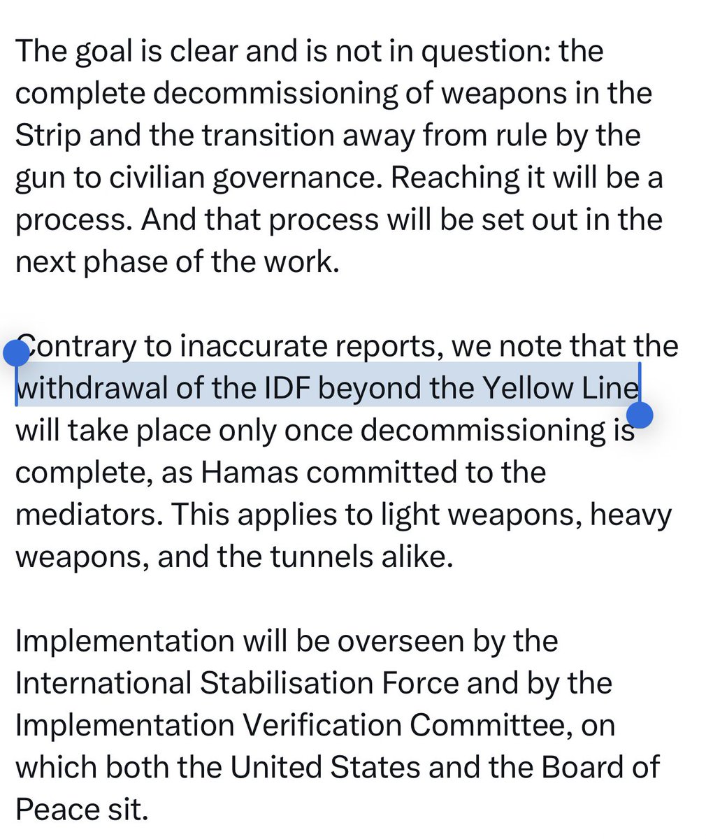 DropSiteNews's tweet photo. ⭕️ New: The Board of Peace has quietly edited a key line in the statement it issued after meeting Israeli Prime Minister Benjamin Netanyahu.

The original version said Israel’s “full withdrawal” beyond Gaza’s Yellow Line would take place after Hamas completed the decommissioning of light and heavy weapons and tunnels.

The revised version removes the word “full,” now stating only that “the withdrawal” would follow decommissioning.

The deletion is significant. It strips out an explicit commitment to a complete Israeli withdrawal and leaves open the possibility that Israeli forces could retain positions inside Gaza even after Hamas disarms.

The statement had already marked a major shift from the Board of Peace’s still live 15-clause roadmap. That document calls for the decommissioning of heavy weapons during Phase 2, while the new statement expands the requirement to include light weapons and heavy weapons before any Israeli withdrawal beyond the Yellow Line.

Both posts note implementation would be overseen by the International Stabilisation Force and an Implementation Verification Committee that includes the United States and the Board of Peace.