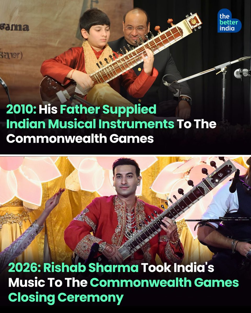 thebetterindia's tweet photo. The world watched Rishab Rikhiram Sharma's mesmerising sitar performance at the Closing Ceremony of the 2026 Commonwealth Games. But few know the legacy behind that moment.

Back in 2010, his father's iconic Delhi store, Rikhi Ram Music, welcomed visitors from across the world during the Commonwealth Games, introducing them to India's rich tradition of handcrafted musical instruments.

Sixteen years later, the family's fourth-generation musician stood on the Commonwealth Games stage himself, using the sitar to showcase India's classical music to a global audience.

One generation shared India's instruments with the world. The next shared their sound.

More than a performance, it was a family legacy coming full circle, proving that some traditions don't just survive generations. They inspire them. ❤️

#RishabRikhiramSharma #CommonwealthGames #RikhiRamMusic #MusicHeritage

[Rishab Rikhiram Sharma, Indian Sitar Player, Commonwealth Games 2026]