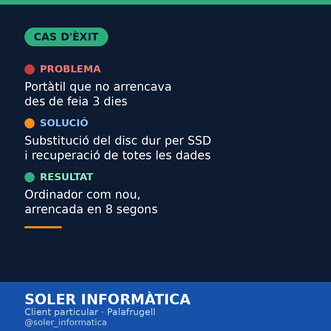 SSolerF's tweet photo. Un client de Palafrugell ens va portar el portàtil: portava 3 dies sense arrencar. 

✅ Vam substituir el disc dur per un SSD 
✅ Vam recuperar totes les dades sense perdre'n cap 
✅ Resultat: arrencada en 8 segons, com si fos nou 

De vegades no cal comprar un ordinador nou https://t.co/3AL75SR8vY