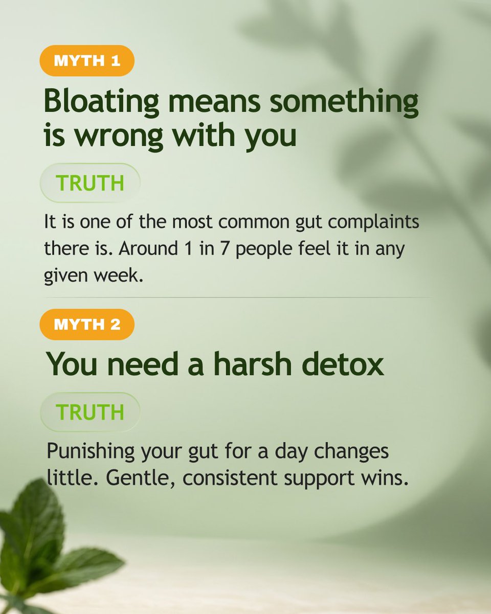 Inayanutrition's tweet photo. No harsh detox needed. Bloating isn’t just about willpower—myths can keep you stuck in routines that don’t help.

Swipe for 5 myths to unlearn + the gentler truth. BloatBarrier blends seven calming botanicals to support daily digestion.

#bloatingsupport #happygut #organic https://t.co/1iuZ33AJkd